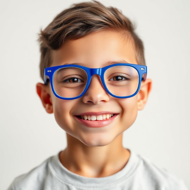 Criança sorrindo com óculos de grau azul
